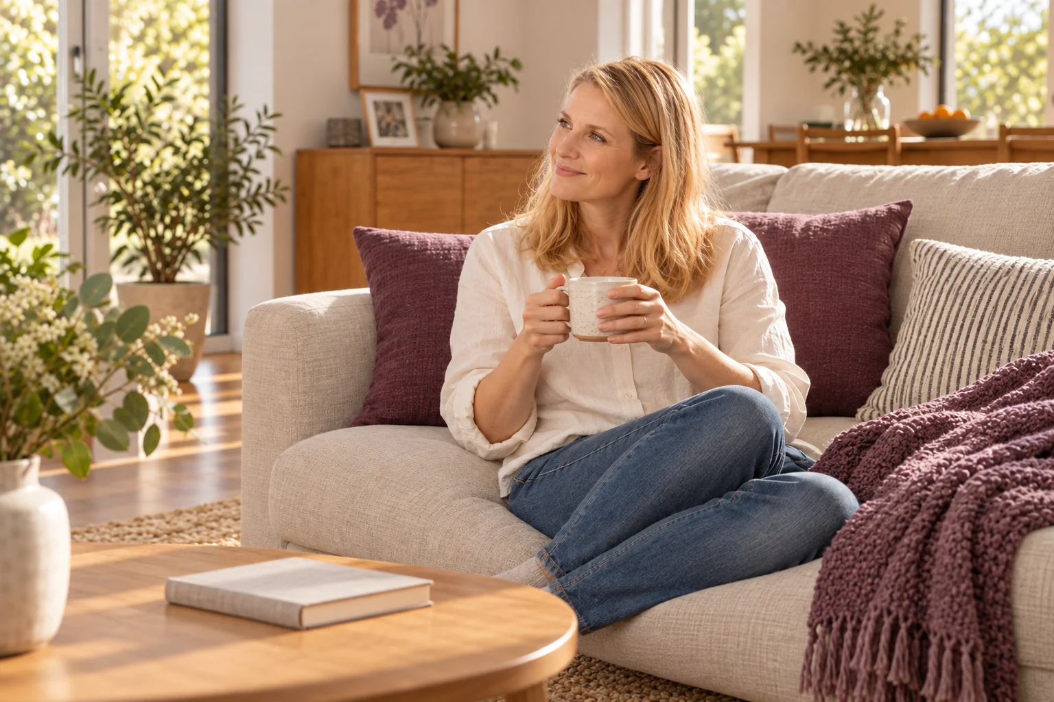 AI concept using the original media-pack homeowner enjoying a quiet cup of tea at home