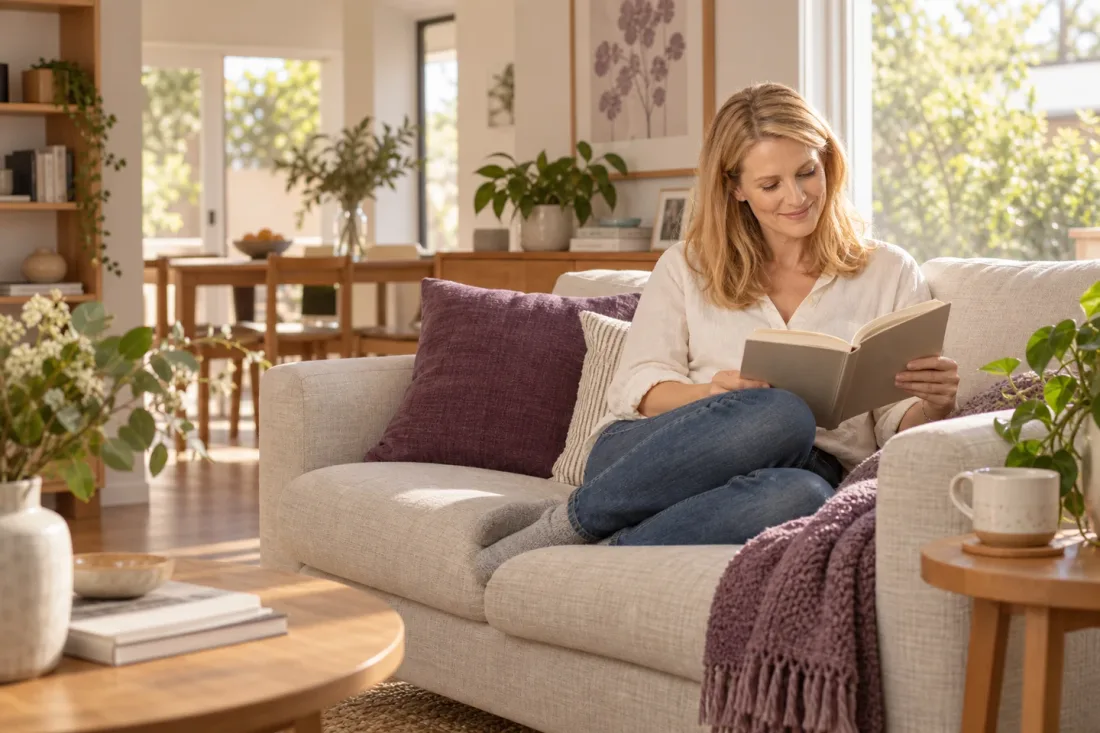 Illustrative scene of a woman settling into a book in a sunlit living room