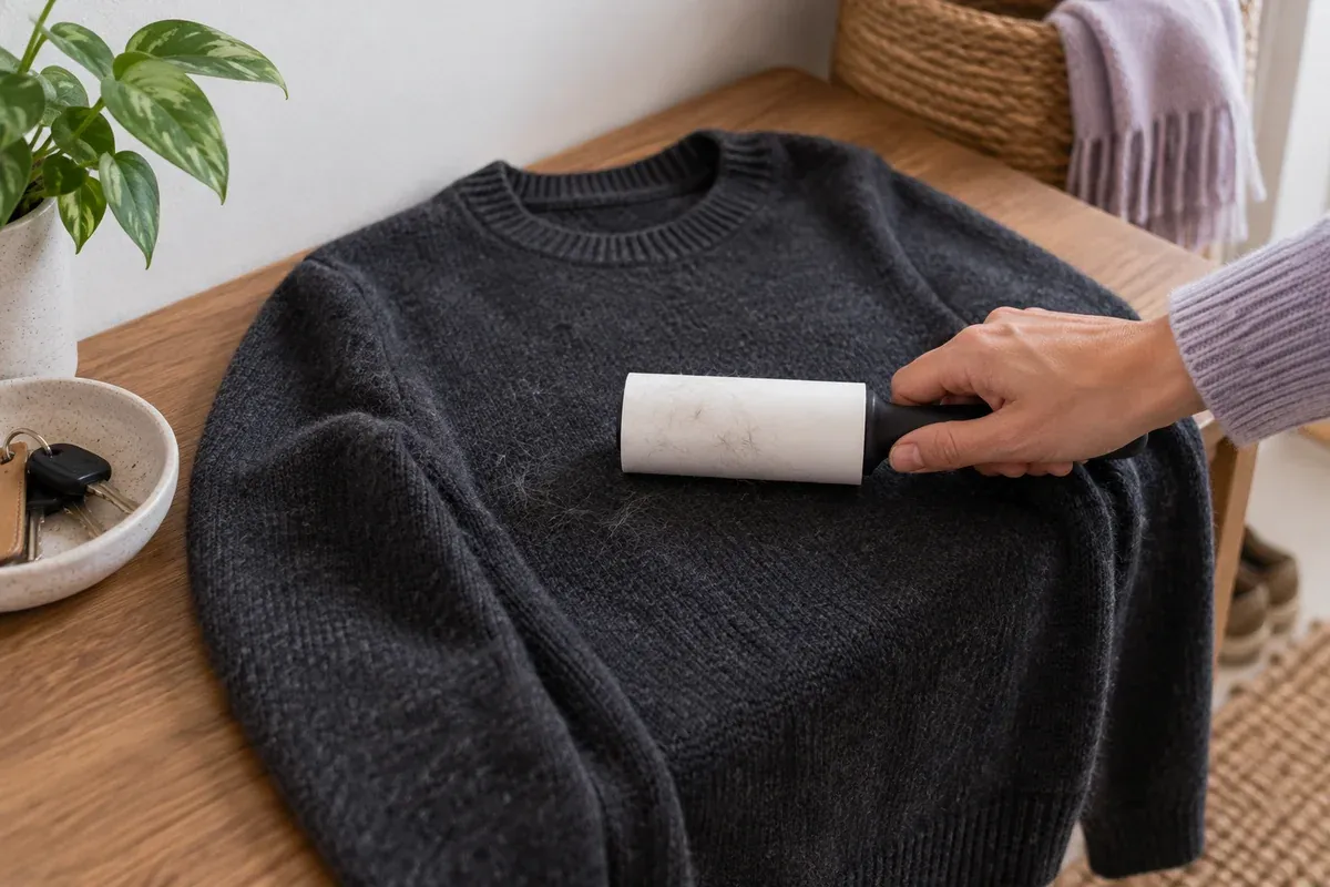 A lint roller used on a charcoal jumper.